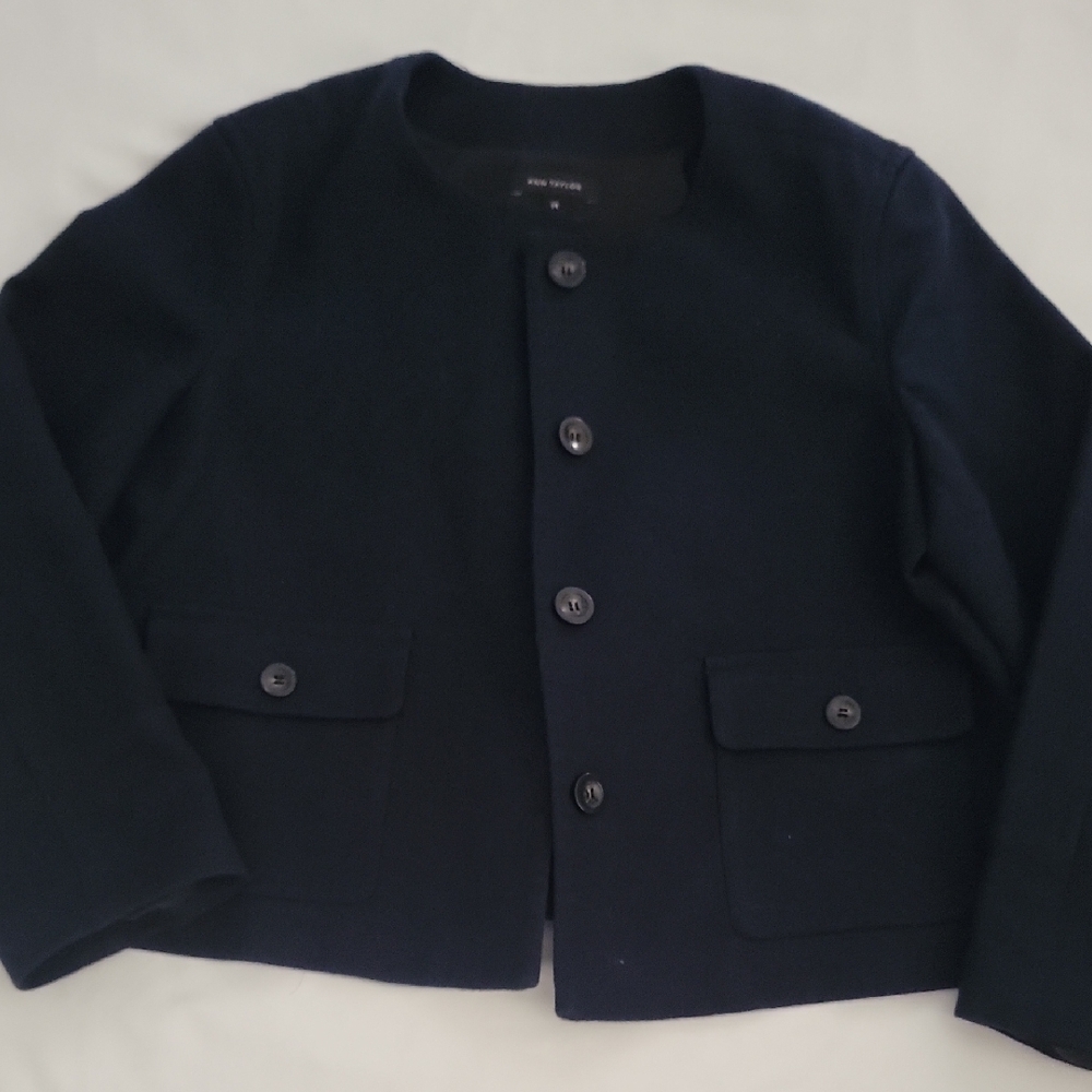 Womens Ann Taylor Navy Button-Up Jacket, 3/4 Sleeve, Size 14, Fully Lined